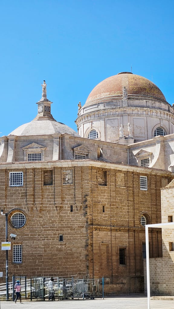 Golden dome of Cadiz Cathedral and Atlantic skyline in Cadiz