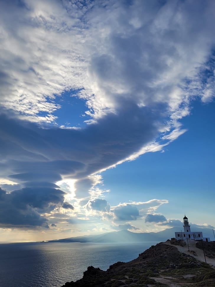 Armenistis Lighthouse in Mykonos with panoramic Aegean Sea views at sunset